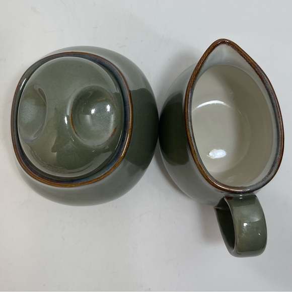 Sango Avocado Green Ceramic Creamer Sugar Set Brown Trim Rustic Farmhouse Cabin - Picture 6 of 14